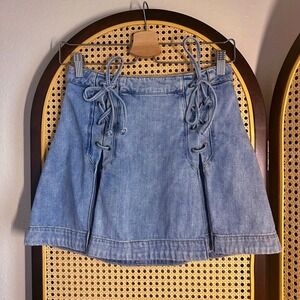 Free People Lace Up Front Pleated Denim Mini Skirt Blue Size 2 Coquette Feminine